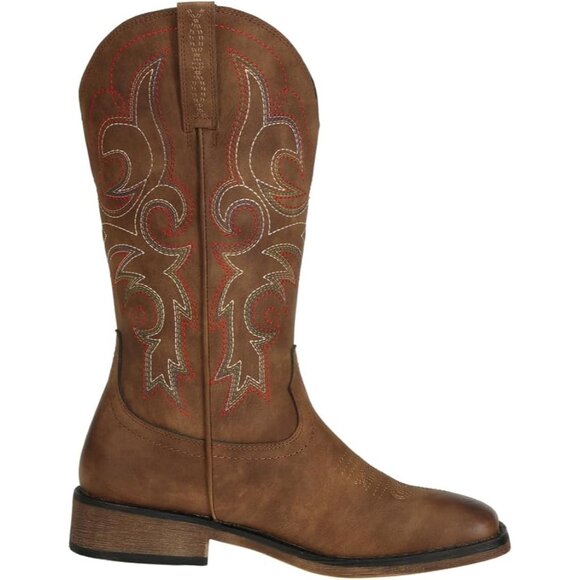 ⚡Women's Brown Square Toe Cowgirl Cowboy Boots Mid Calf With Chunky Heel - Picture 6 of 9